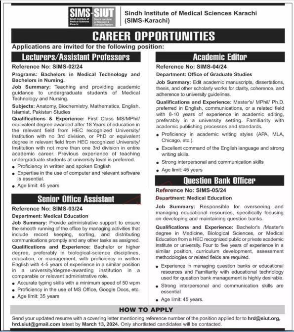 Sindh Institute Of Urology And Transplantation SIUT Jobs 2024