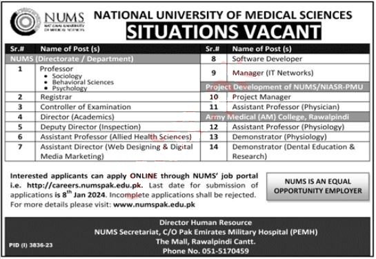 National University of Medical Sciences NUMS Rawalpindi Jobs 2024