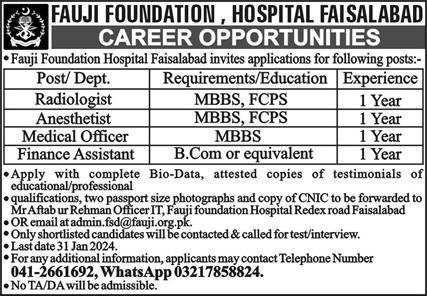 Fauji Foundation Hospital Faisalabad Jobs 2024