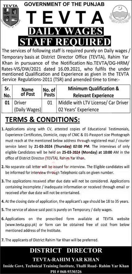 TEVTA Punjab Jobs 2024 Advertisement - Pakjobsaware