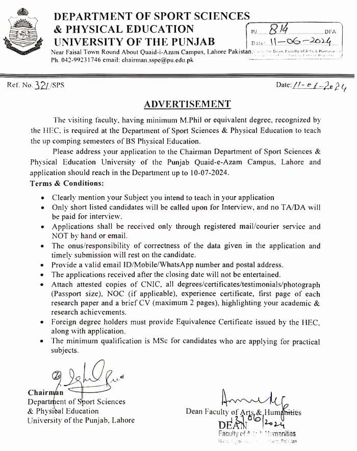 Department of Sports Sciences and Physical Education PU Lahore jobs 2024