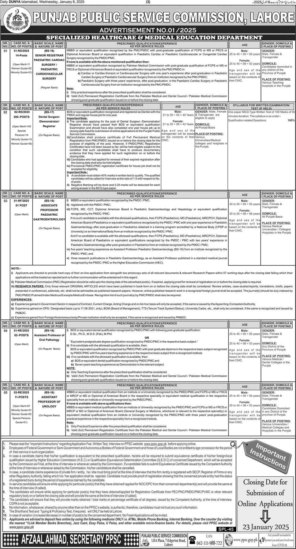 BPS-17 to BPS-19 Job Vacancies in PPSC Advertisement No. 01/2025