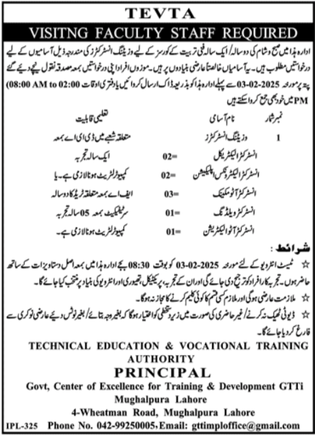 New TEVTA Jobs in Lahore 2025 Advertisement 