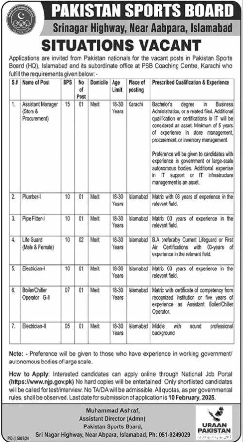 Pakistan Sports Board Job Vacancies 2025