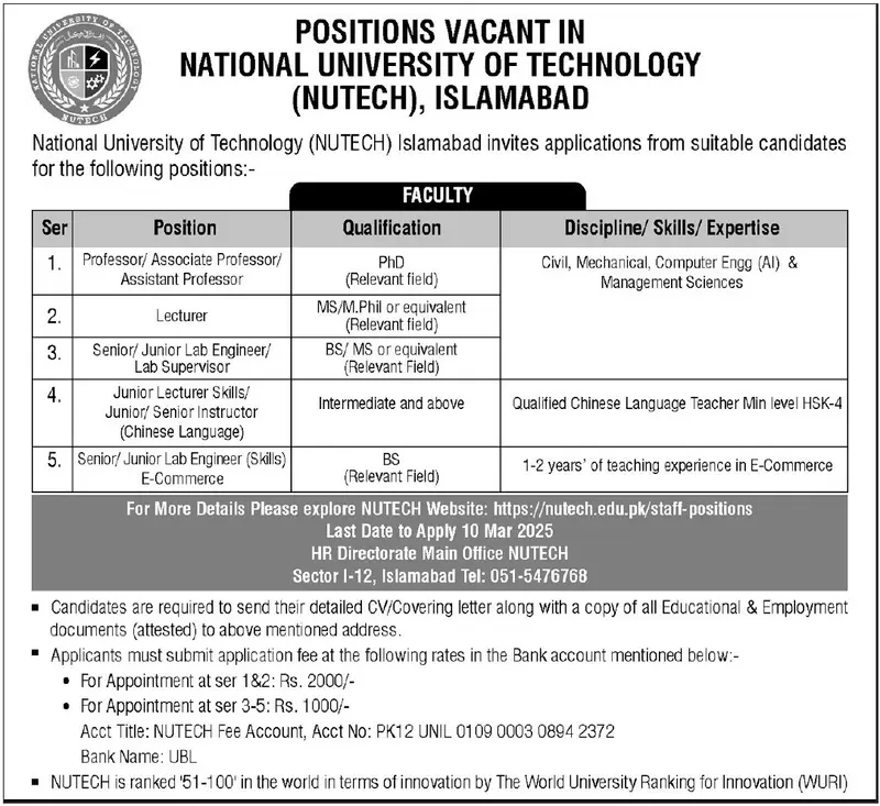 Latest NUTECH Islamabad Jobs 2025 