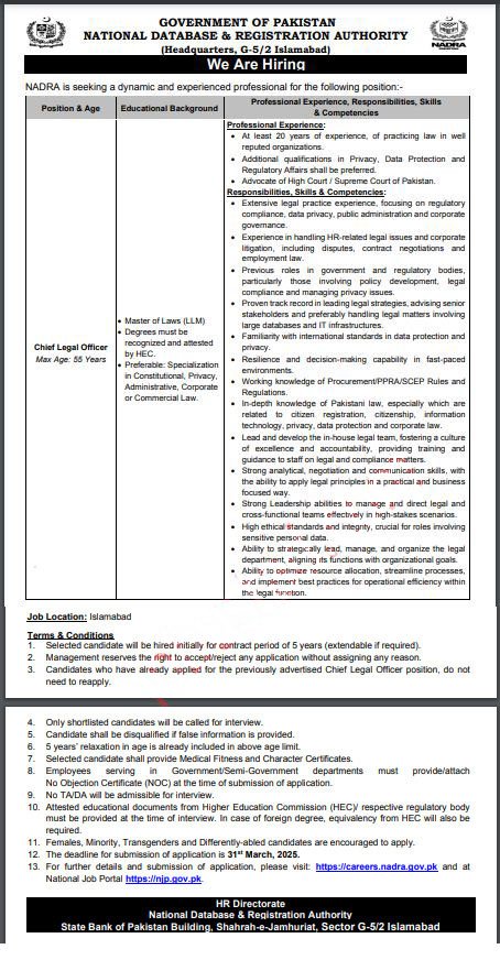 Latest NADRA Vacancies March 2025 Advertisement