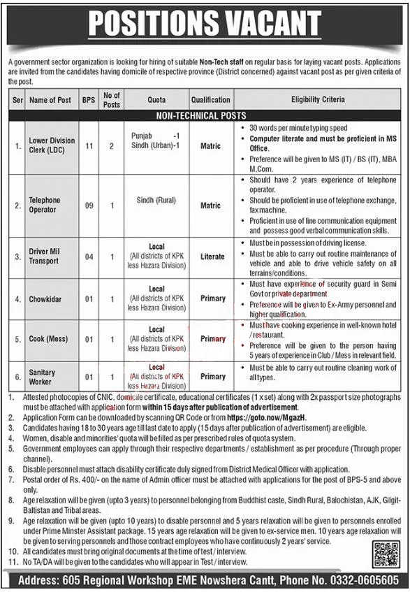 Job Vacancies in Pak Army 605 Regional Workshop EME Nowshera 2025