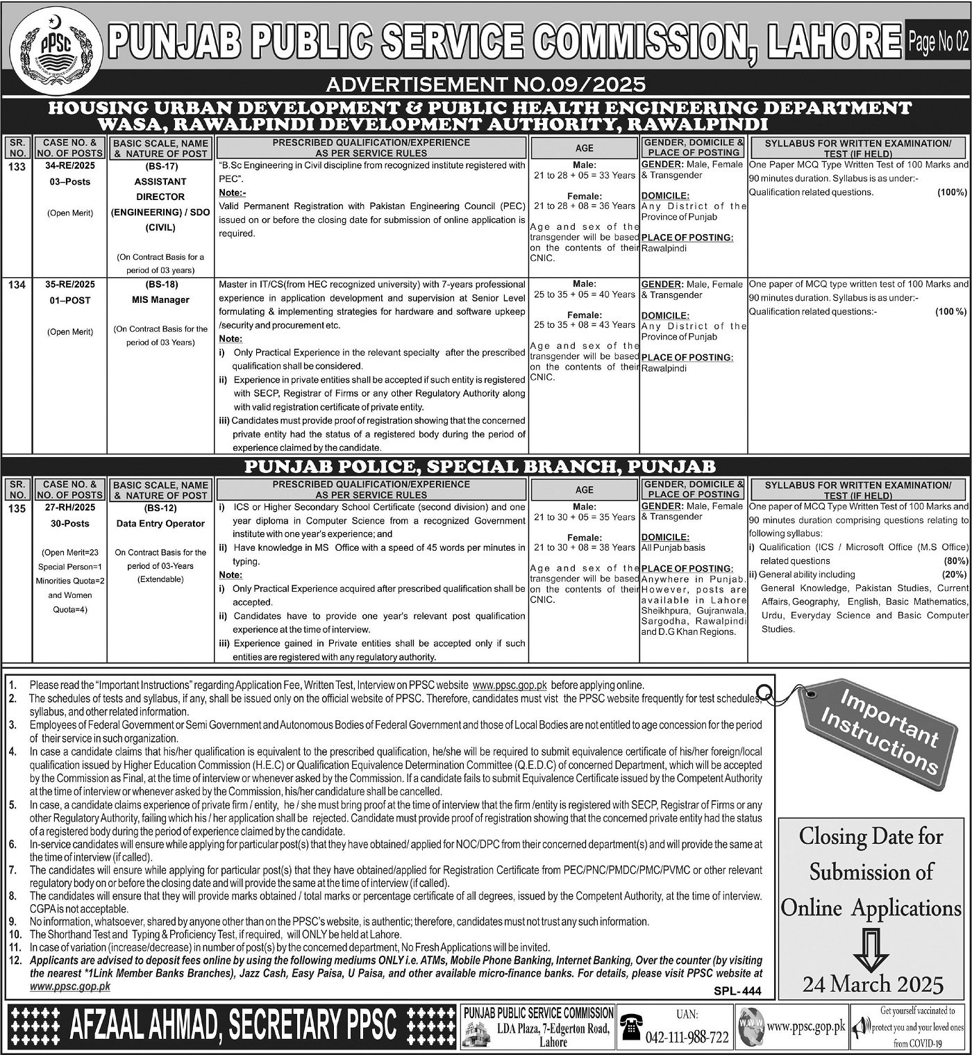 Punjab Public Service Commission PPSC Ad No. 09/2025